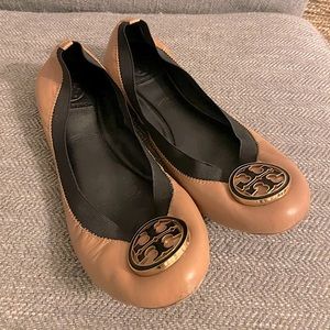 Tory Burch tan leather ballet flats with gold label